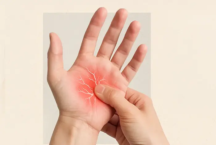 Close-up of a hand pressing on the palm of another hand, which shows a red area with white nerve-like lines indicating tingling or nerve pain.
