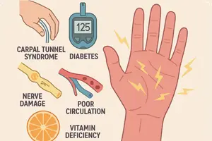 Tingling in Hands: What It Means and How to Treat It Naturally- Close-up of a hand pressing on the palm of another hand, which shows a red area with white nerve-like lines indicating tingling or nerve pain.