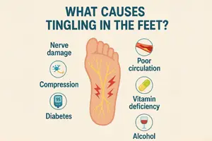 Tingling in Your Feet - Illustration of a foot with highlighted nerves and red pain symbols, surrounded by icons and text listing causes of tingling in the feet: nerve damage, compression, diabetes, poor circulation, vitamin deficiency, and alcohol