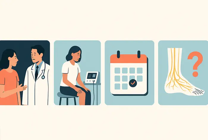 Top 4 Questions About the Dr Alfonso Neuropathy Treatment Protocol - Illustration showing four key aspects of the Dr. Alfonso Neuropathy Treatment Protocol: doctor consultation, therapy session, appointment calendar, and foot nerves with a question mark.