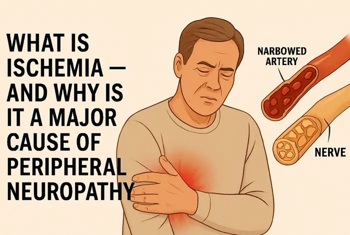 What Is Ischemia -Illustration showing a man in pain holding his arm, with labeled diagrams of narrowed and normal arteries to explain how ischemia causes peripheral neuropathy.