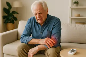 What Is Ischemia - Elderly man sitting on a beige sofa, grimacing in pain while holding his inflamed left arm, with a glucose meter on the table nearby in a warmly lit living room