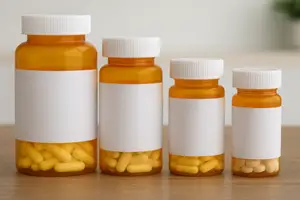 Are You Taking Medication for Peripheral Neuropathy - Four orange prescription pill bottles with blank white labels and white caps, arranged on a wooden surface in descending height, with various yellow and white pills visible inside.