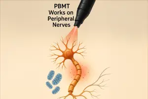 Light Therapy Can Help Regenerate Damaged Nerves - Illustration of photobiomodulation therapy (PBMT) showing a red laser beam targeting a peripheral nerve, with detailed neuron structure, surrounding mitochondria, and highlighted areas of cellular stimulation.