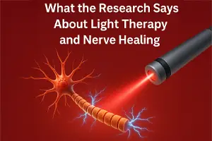 Light Therapy Can Help Regenerate Damaged Nerves - Red-toned digital illustration showing a laser therapy device targeting a glowing neuron, with electric currents symbolizing nerve healing, and the title "What the Research Says About Light Therapy and Nerve Healing" in bold white text above.