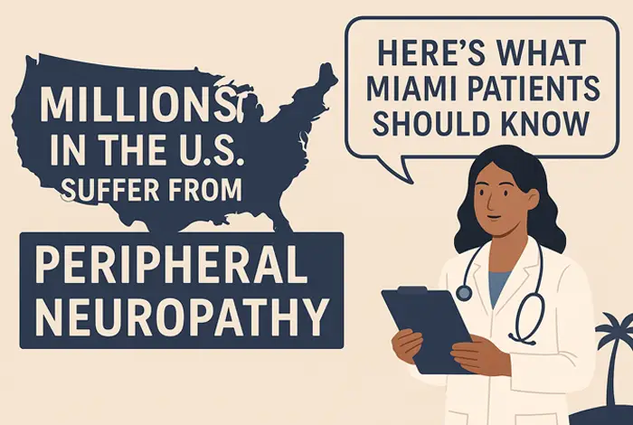 Illustration of a female doctor holding a clipboard, standing beside a silhouette map of the United States with a magnified area highlighting nerve-related discomfort in the legs, symbolizing the impact of peripheral neuropathy on millions, with palm trees subtly indicating the Miami context.