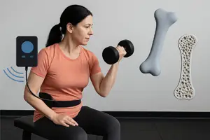 PEMF and Exercise - A realistic image of a middle-aged woman lifting a dumbbell while receiving PEMF therapy.