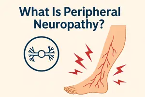 Peripheral Neuropathy Symptoms - Illustration showing a leg with inflamed red nerves and lightning symbols indicating nerve pain, next to a nerve cell icon and the title 'What Is Peripheral Neuropathy?' on a beige background
