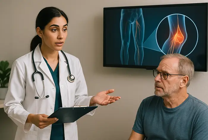 Female doctor with stethoscope discussing nerve-related issues with an older male patient; behind them, a medical screen shows a highlighted nerve area in the leg, representing non-drug, non-surgical peripheral neuropathy treatment in Miami