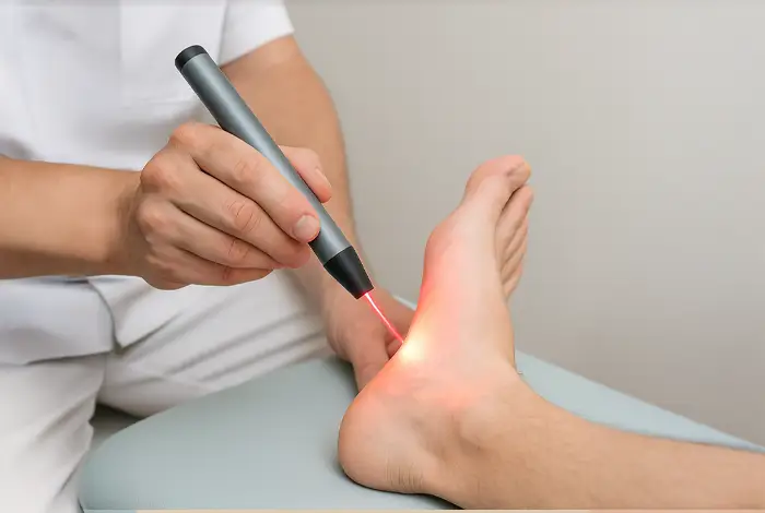 Laser Therapy Repair Nerve Damage from Diabetic Neuropathy - "Close-up photograph of a healthcare professional using a handheld red light therapy device on a patient’s heel, with the red laser beam illuminating the treatment area on the foot."
