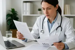red & infrared light therapy for peripheral neuropathy - A female doctor in a white lab coat reviews scientific research papers at her desk, with a laptop, medical documents, and a stethoscope in a bright, clinical office setting.