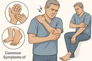 Medical illustration of a middle-aged man showing common symptoms of peripheral neuropathy, including pain in the hands, feet, shoulder, and leg, highlighted with red areas and detailed symptom zoom-ins.