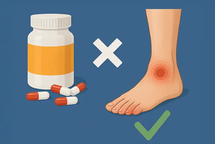 Illustration showing a comparison between ineffective medication and a targeted treatment for peripheral neuropathy. On the left, a bottle of pills with a red X; on the right, a human foot with a red pain spot and a green checkmark.
