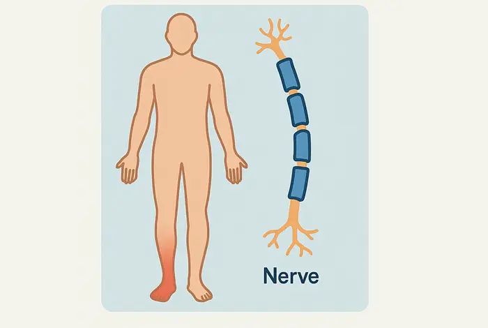 Educational infographic about sensory neuropathy showing a human figure with leg pain, a damaged nerve illustration, and symptoms like numbness, burning, loss of balance, and frequent falls.