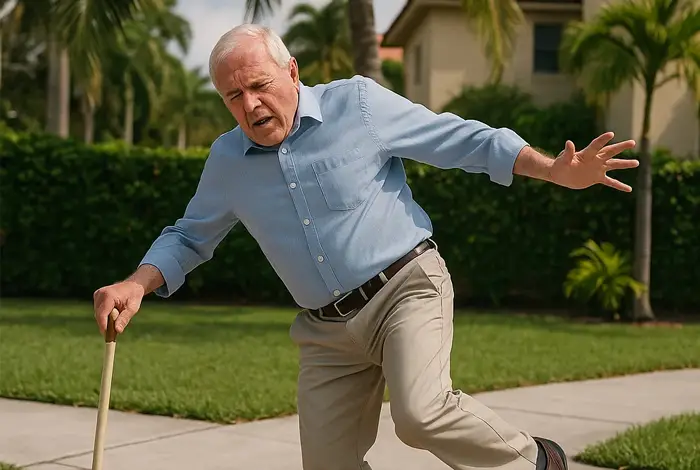 Hombre mayor perdiendo el equilibrio mientras camina con bastón en una acera soleada, representando problemas de equilibrio en Miami. problemas de equilibrio