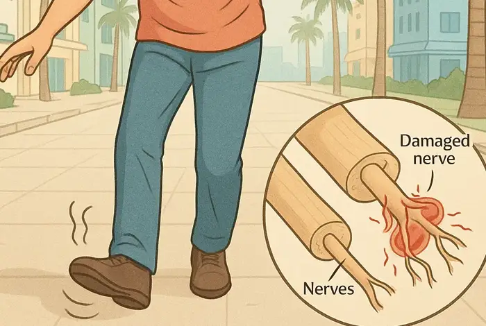 Illustration of a person stumbling while walking, with a close-up of damaged nerves, representing Balance Problems in Miami.