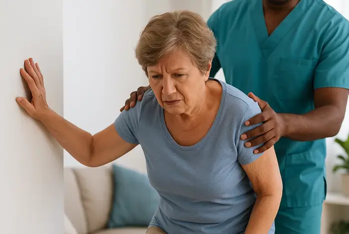 Doctora ayudando a una mujer mayor con dificultades de movilidad, ilustrando cómo los problemas de equilibrio pueden ser una señal oculta de neuropatía periférica.