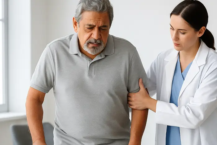 Senior man with balance problems being assisted by a healthcare provider while walking with a cane in a clinic, illustrating neuropathy-related instability.