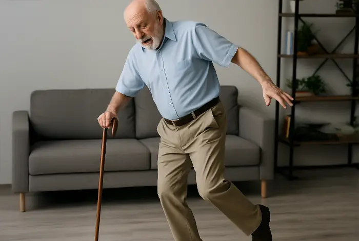 Elderly man losing balance while walking with a cane — illustrating balance problems potentially caused by neuropathy.