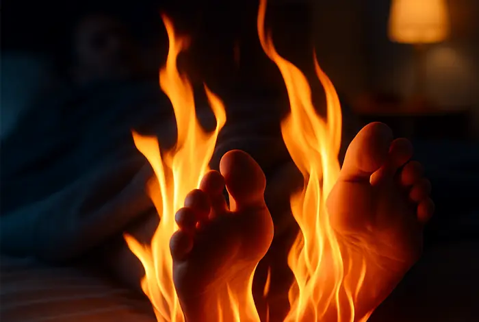 burning-feet-at-night Bare feet lying on a bed at night with vivid flames surrounding them, symbolizing burning sensation caused by neuropathy. A dimly lit bedroom and a blurred figure under a blanket are visible in the background.