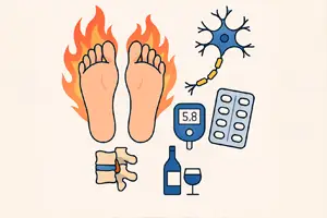 Illustration of burning feet surrounded by symbols representing causes of neuropathy, including a neuron, glucose meter, spinal disc, medication blister pack, and alcohol, on a neutral background.