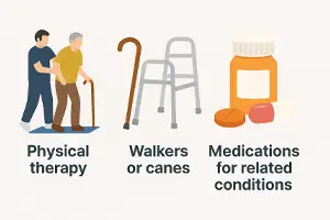 Illustration of common balance problem solutions, including physical therapy with a caregiver assisting an elderly man, mobility aids like a walker and cane, and medication represented by pills and a prescription bottle.