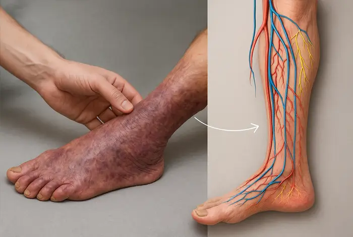 Circulation and Peripheral Neuropathy – comparison of a discolored foot due to poor blood flow and an anatomical diagram showing nerves and blood vessels in the lower leg.
