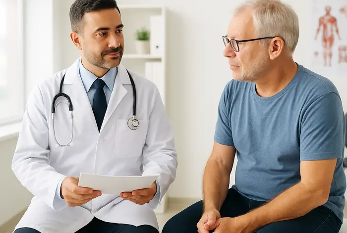 A drug-free neuropathy treatment in Miami - A middle-aged male doctor in a white lab coat discusses treatment options with an older male patient in a bright medical office, promoting drug-free neuropathy care.