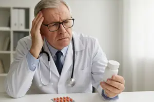 Concerned older male doctor in a white lab coat examines a medication bottle while holding his head, seated at a desk with a blister pack of pills in a bright medical office.