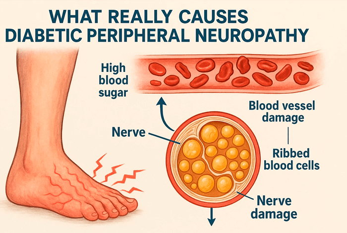 What Really Causes Diabetic Peripheral Neuropathy Illustration showing the causes of diabetic peripheral neuropathy, including high blood sugar, blood vessel damage, ribbed blood cells, and nerve damage in the foot.
