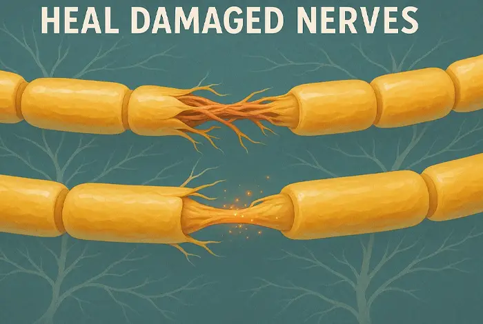 Illustration of damaged nerve fibers beginning to reconnect and heal, representing nerve regeneration.