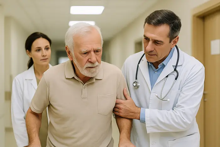 Neuropathy Affects Balance – elderly man with mobility issues assisted by a doctor and nurse while walking through a hospital corridor.