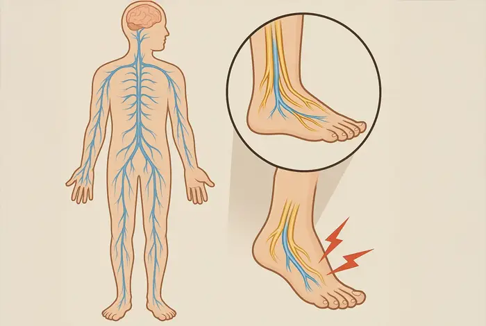 Diagram of the nervous system highlighting foot nerves and pain signals, illustrating Neuropathy in Your Legs and Feet.