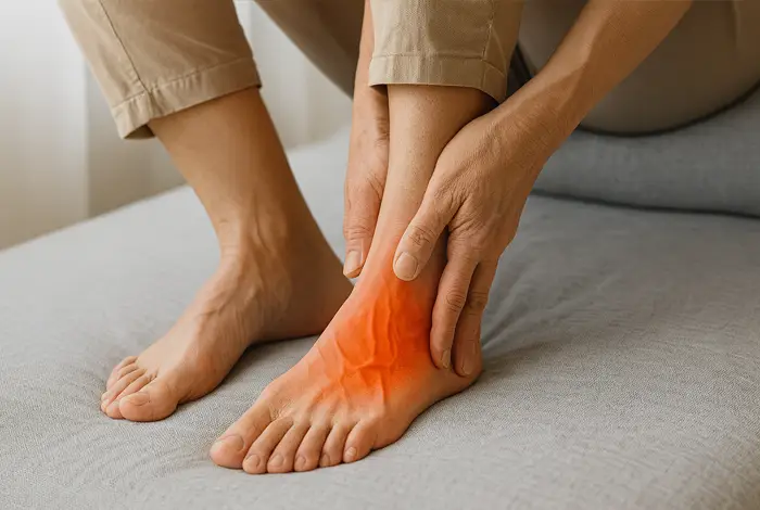 numbness in the feet – person holding foot with red inflamed area, sitting on soft surface, indicating nerve discomfort