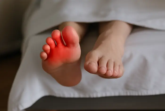 Close-up of bare feet resting on a bed, with red highlighting on the toes to represent numbness-in-your-toes.