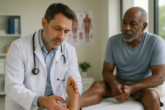 ¿Se puede revertir la neuropatía sin medicamentos? – médico evaluando el pie de un paciente para detectar daño en los nervios periféricos durante una evaluación de neuropatía.