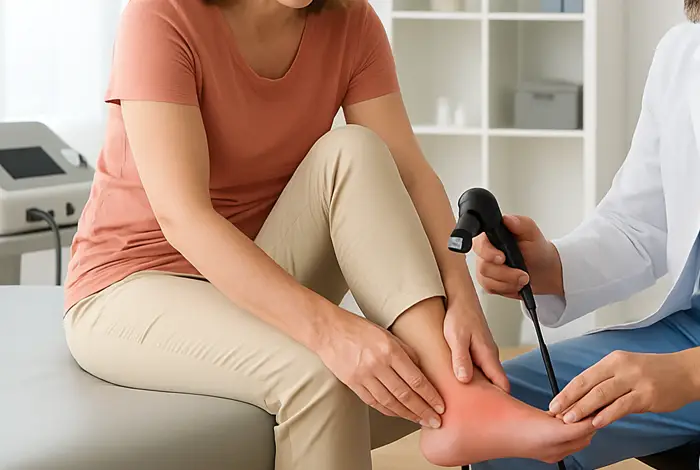 neuropathy treatment – doctor examining woman's inflamed foot in a modern clinic, representing non-surgical nerve care