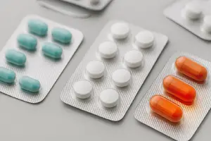 nerve pain medications – blister packs with various colorful pills on a gray surface, symbolizing traditional neuropathy treatment