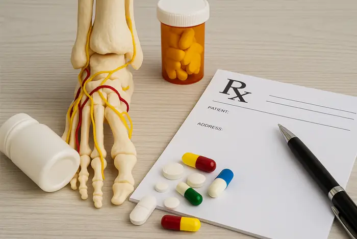 What Do Medical Doctors Prescribe for Peripheral Neuropathy - Anatomical foot model with highlighted nerves, surrounded by pill bottles, a medical prescription pad, and a pen on a light wooden surface.