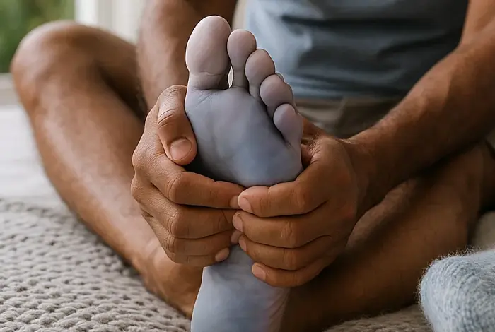 Man holding a discolored, cold foot with bluish tone, showing signs of neuropathy and cold feet symptoms.
