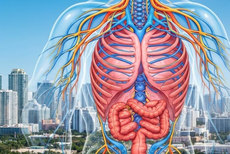 Medical illustration showing the connection between neuropathy and digestive problems, highlighting nerve pathways affecting gut health and treatment options in Miami.