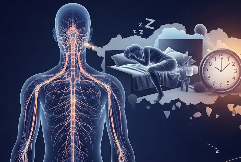 Illustration showing the nervous system and its connection to sleep disturbances, highlighting how neuropathy can cause insomnia and other sleep disorders.
