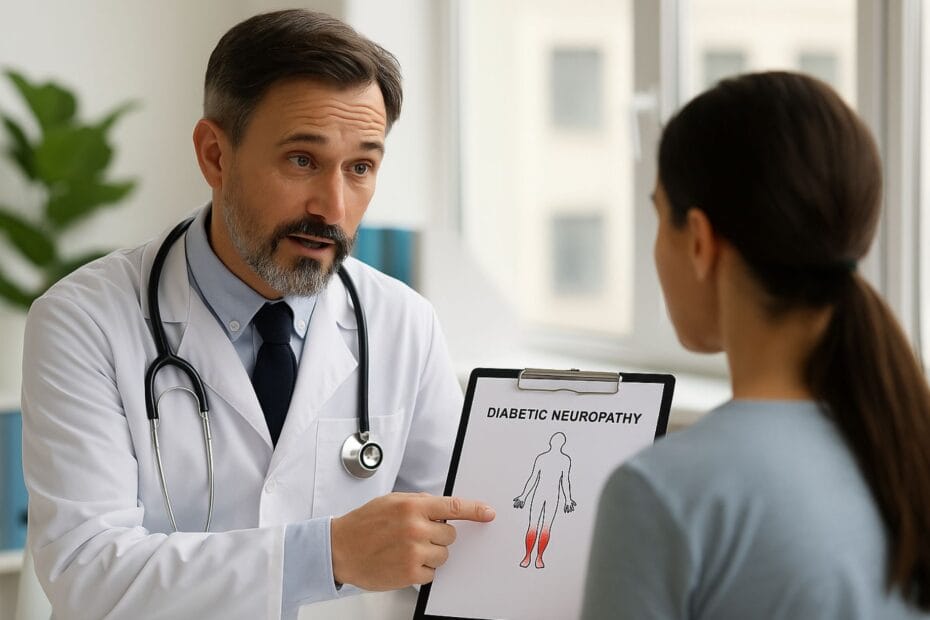 Médico en Miami explicando a un paciente un plan de tratamiento sin medicamentos para la neuropatía diabética.