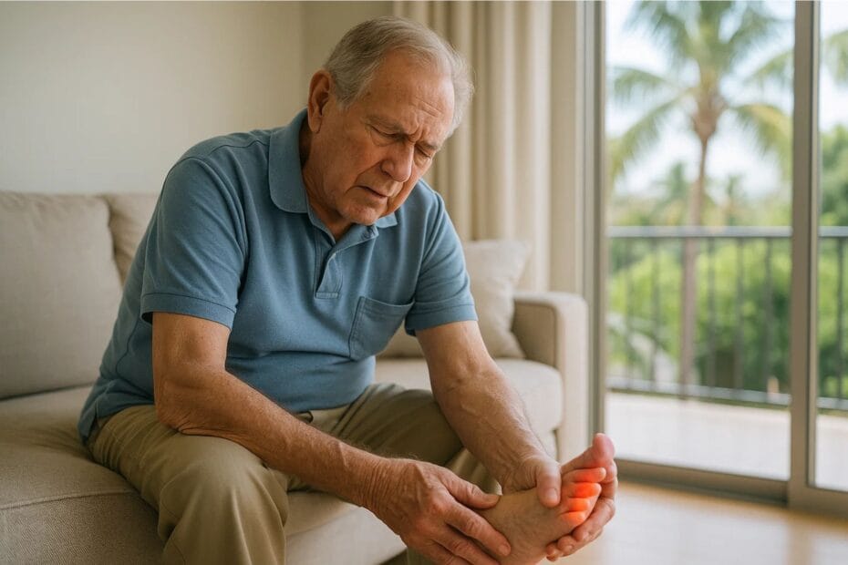 Paciente anciano de Miami recibiendo tratamiento no farmacológico para los síntomas de neuropatía en manos y pies.