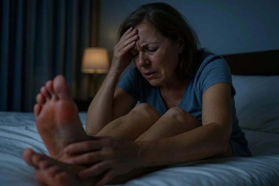 Pies en la cama con un resplandor rojo visible, representando el dolor por neuropatía que empeora en la noche.