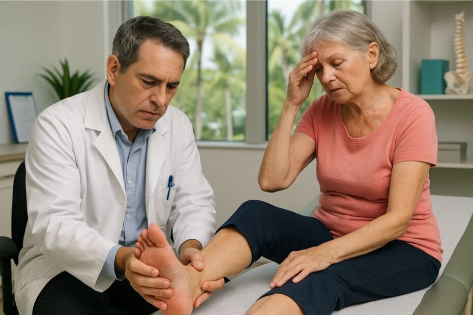 Paciente preocupado en Miami revisando los resultados de estudios tras un diagnóstico erróneo de neuropatía.