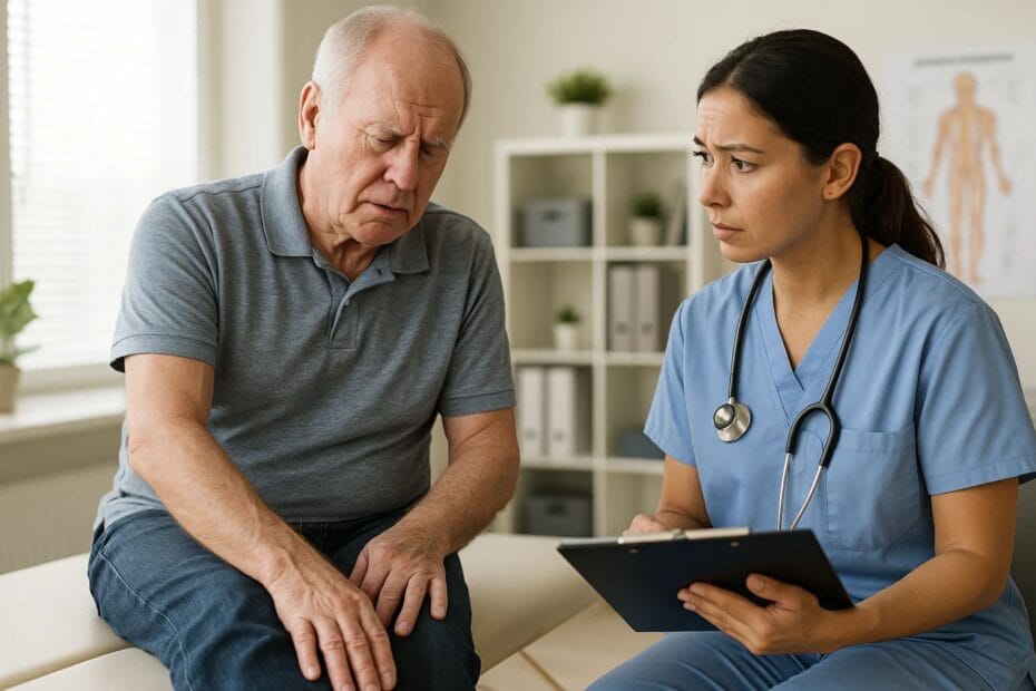 Paciente mayor preocupado conversando sobre dolor nervioso con un profesional de la salud en Miami.