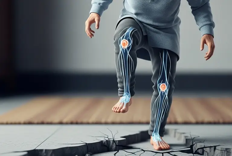 Illustration showing neuropathy-related nerve damage in the legs, highlighting the importance of preventing falls and injuries caused by loss of balance and sensation.