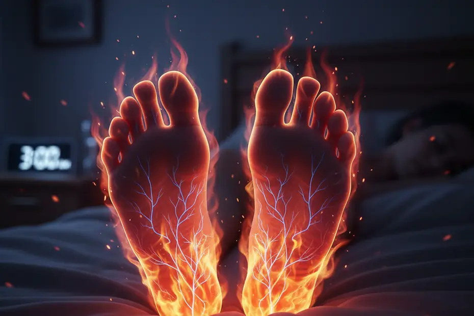 burning feet at night: feet on fire in bed at night, depicting a burning sensation and heat in the feet while sleeping