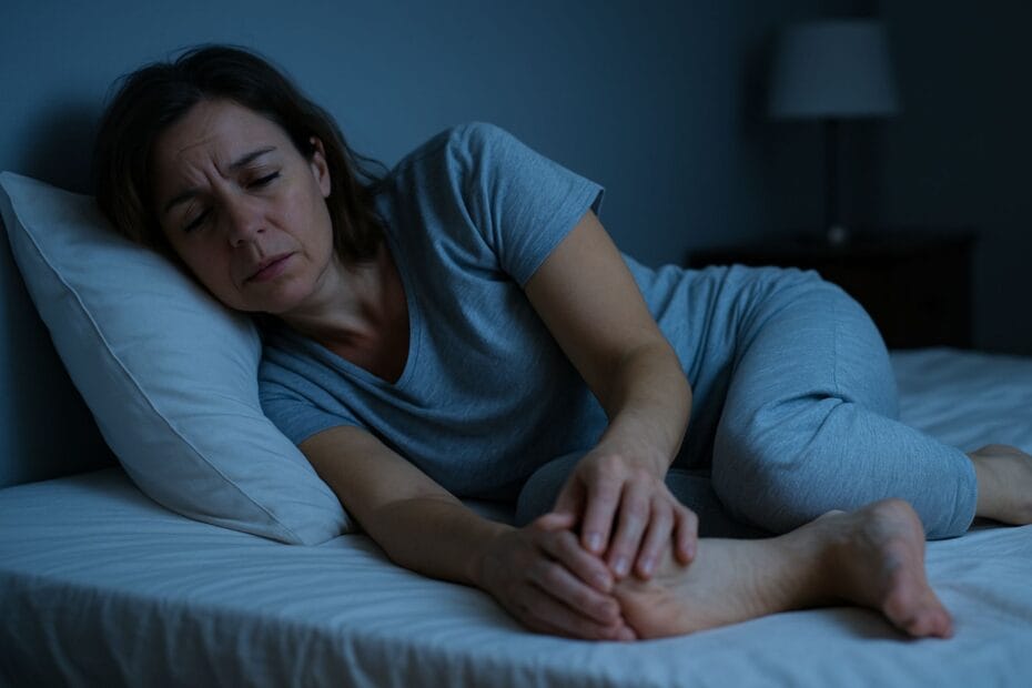 Mujer con neuropatía experimentando problemas de sueño y dolor en los pies
